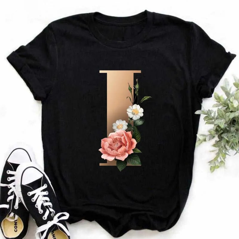 A B C D E English Alphabet Print T Shirt Women New Summer Couples Lovers Female T-Shirt Harajuku Casual Black Tops Tshirts
