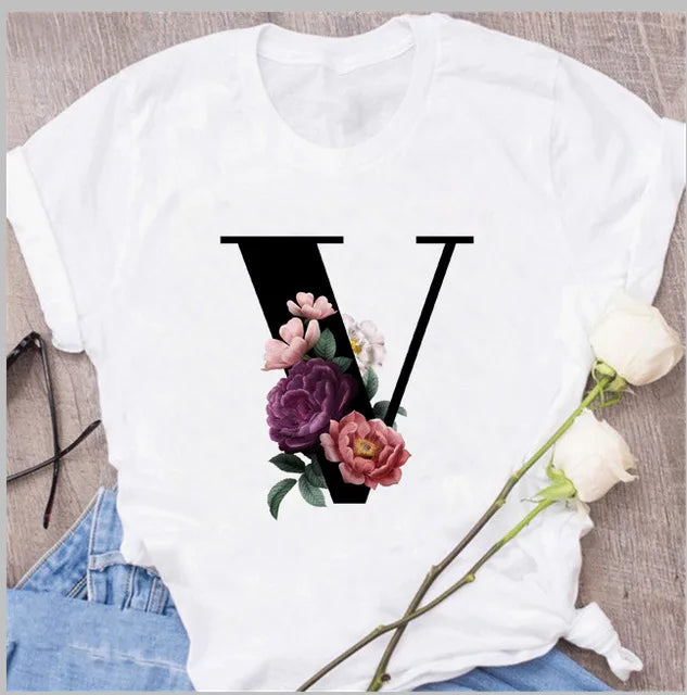 A B C D E English Alphabet Print T Shirt Women New Summer Couples Lovers Female T-Shirt Harajuku Casual Black Tops Tshirts