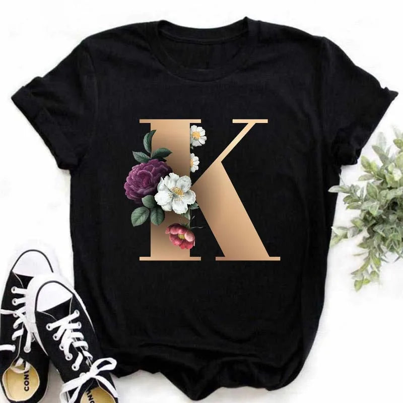 A B C D E English Alphabet Print T Shirt Women New Summer Couples Lovers Female T-Shirt Harajuku Casual Black Tops Tshirts