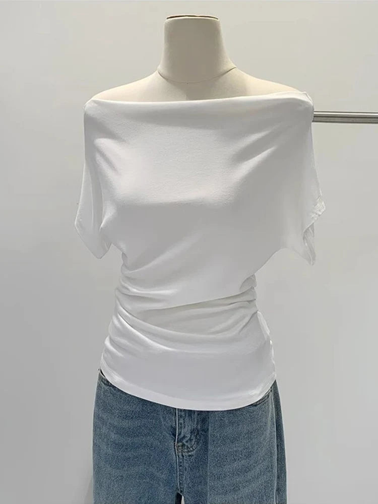 Summer One Shoulder Black Women's T-shirt Short Sleeve Korean Style Slimming Top Exposed Shoulder Fashionable