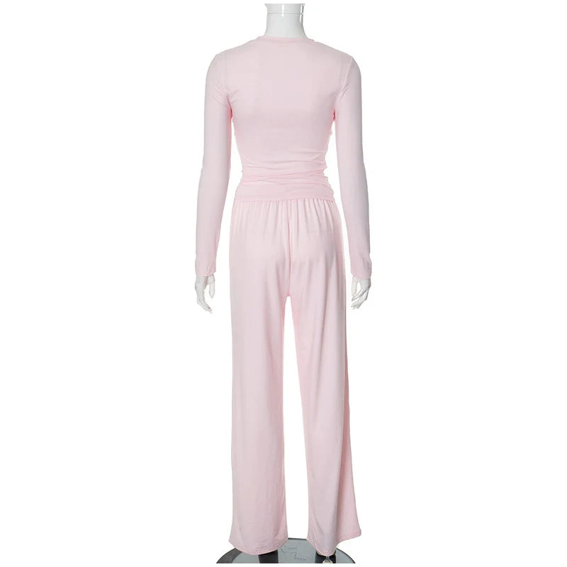 Women Top Pants Suit 2 Piece Sets Solid O-neck Long Sleeve Shirts Elastic Waist Trousers Female Outfits 2025 New Lady Tracksuit