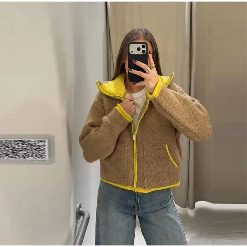 Women Casual Contrast Paneled Knitted Cardigan New Zipper Full Sleeve Pocket Bomber Short Coats Lady Autumn Winter Street Jacket