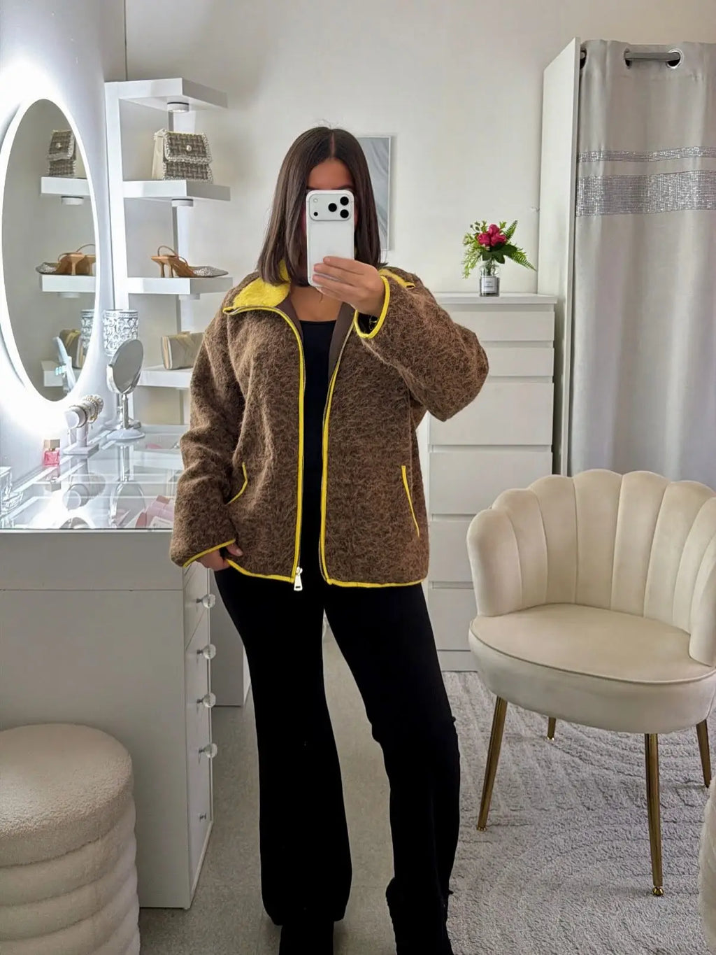 Women Casual Contrast Paneled Knitted Cardigan New Zipper Full Sleeve Pocket Bomber Short Coats Lady Autumn Winter Street Jacket