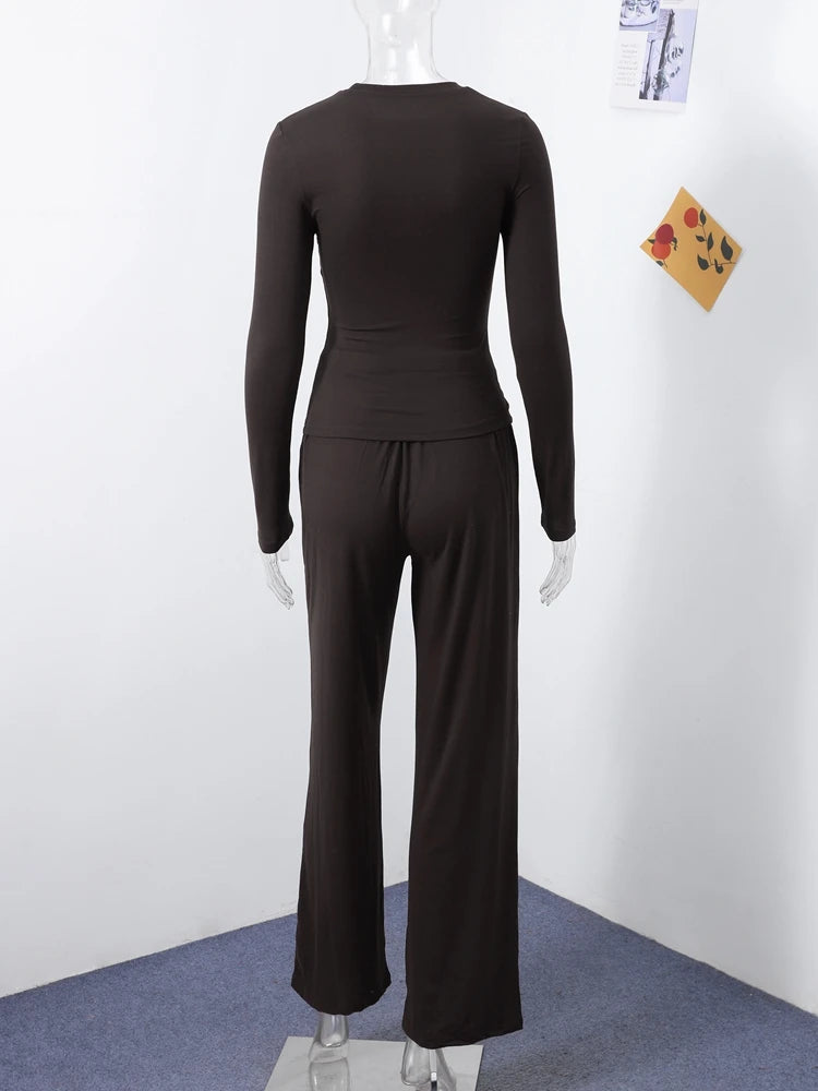 Women Top Pants Suit 2 Piece Sets Solid O-neck Long Sleeve Shirts Elastic Waist Trousers Female Outfits 2025 New Lady Tracksuit
