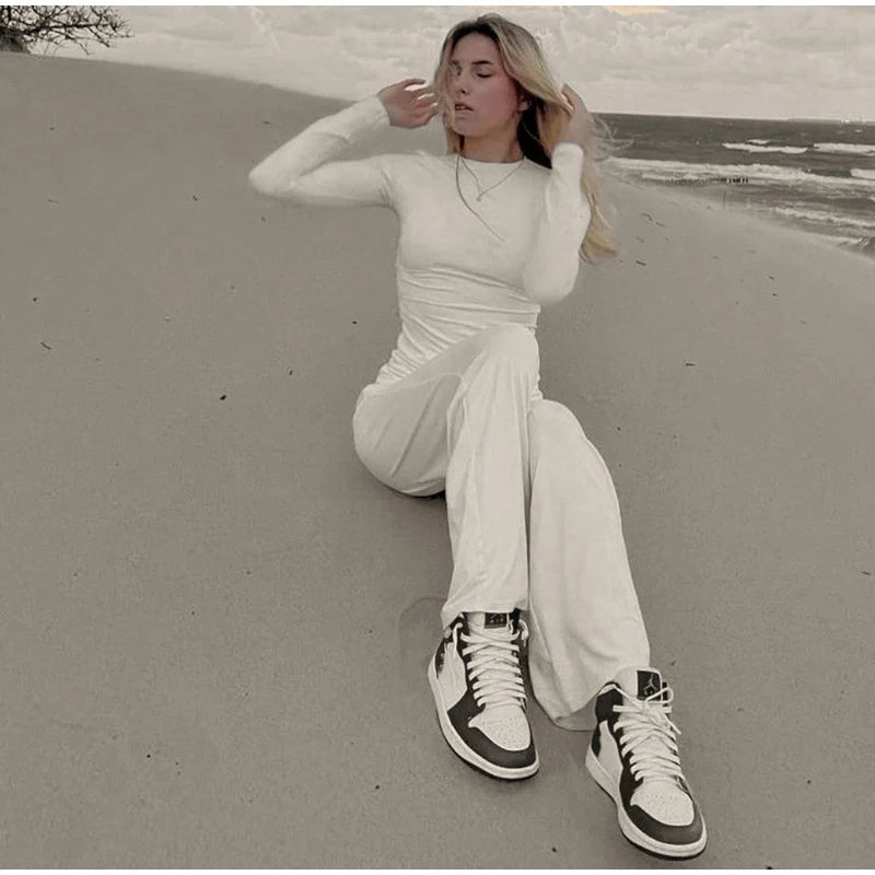 Women Top Pants Suit 2 Piece Sets Solid O-neck Long Sleeve Shirts Elastic Waist Trousers Female Outfits 2025 New Lady Tracksuit