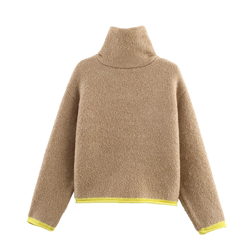 Women Casual Contrast Paneled Knitted Cardigan New Zipper Full Sleeve Pocket Bomber Short Coats Lady Autumn Winter Street Jacket
