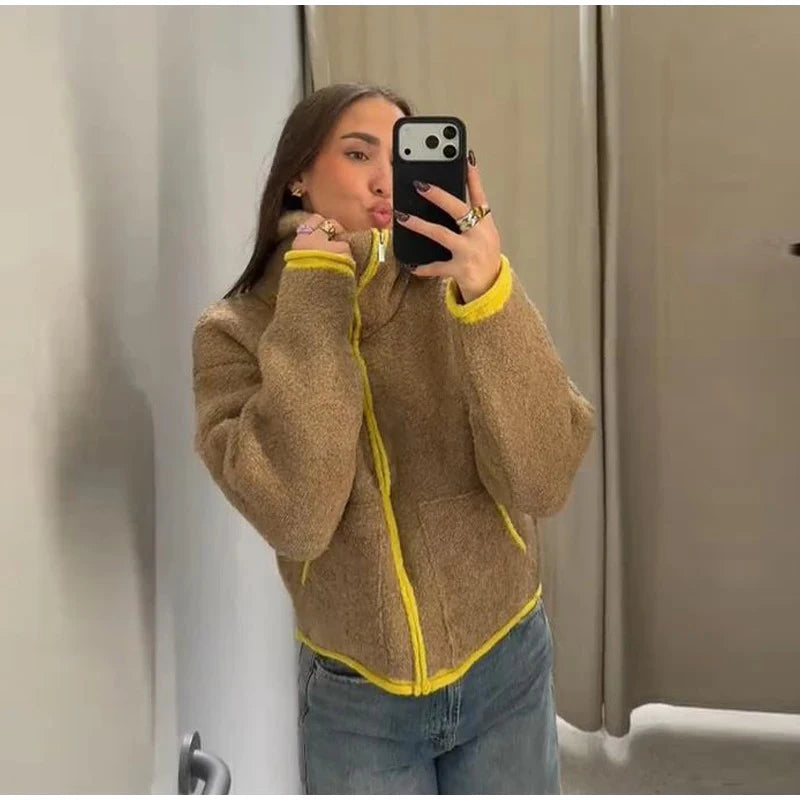 Women Casual Contrast Paneled Knitted Cardigan New Zipper Full Sleeve Pocket Bomber Short Coats Lady Autumn Winter Street Jacket