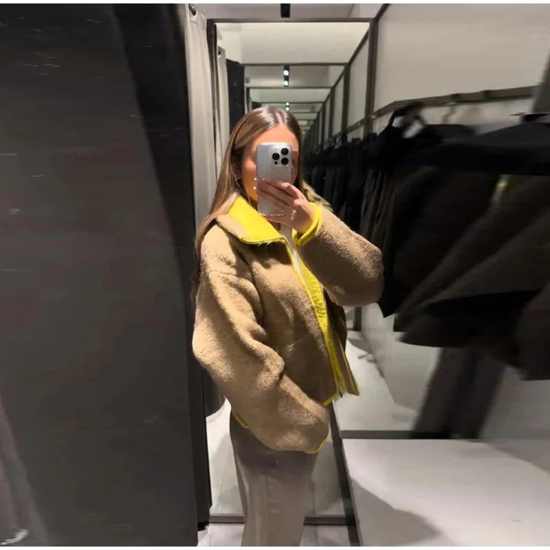 Women Casual Contrast Paneled Knitted Cardigan New Zipper Full Sleeve Pocket Bomber Short Coats Lady Autumn Winter Street Jacket