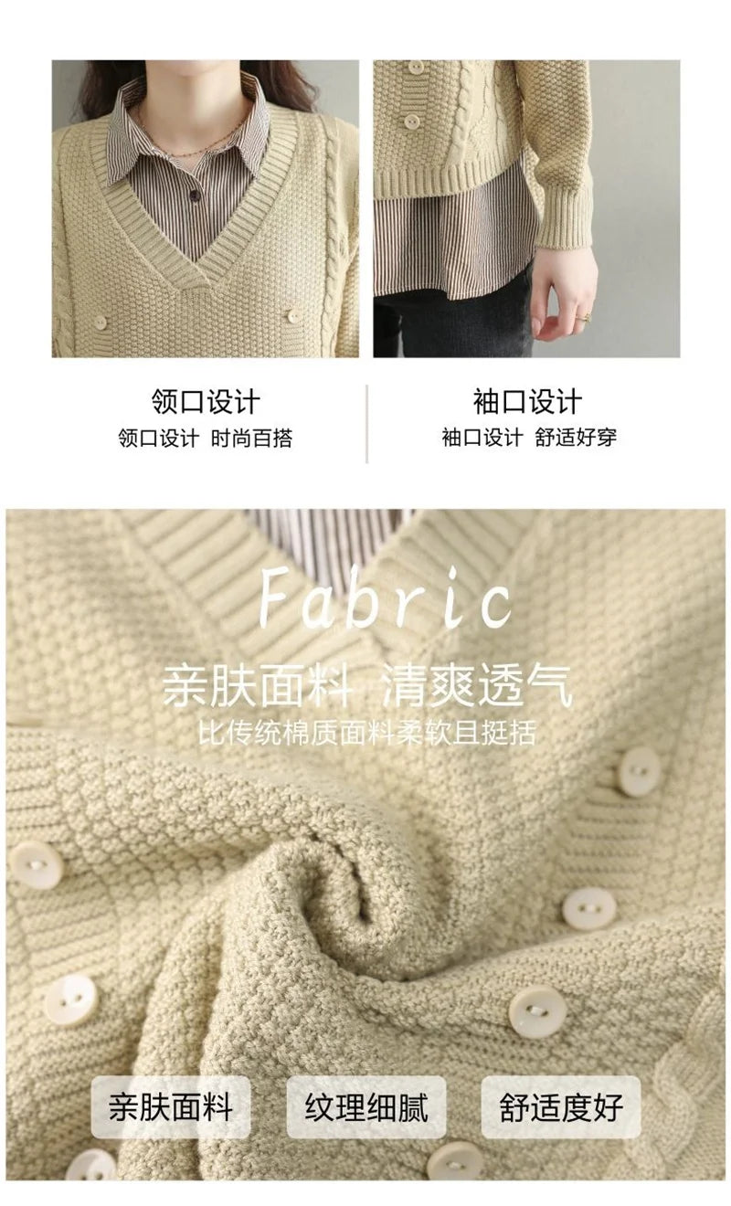 Fake Two Piece Top Knit Sweater Women's Splice Shirt Collar 2026 Spring Autumn New Korean Loose Long Sleeve Sweater Brown Shirt