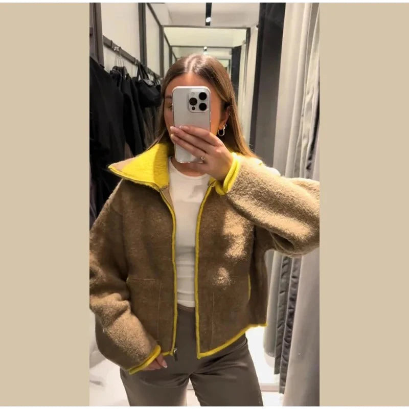 Women Casual Contrast Paneled Knitted Cardigan New Zipper Full Sleeve Pocket Bomber Short Coats Lady Autumn Winter Street Jacket