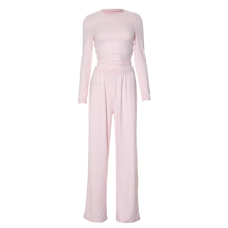 Women Top Pants Suit 2 Piece Sets Solid O-neck Long Sleeve Shirts Elastic Waist Trousers Female Outfits 2025 New Lady Tracksuit