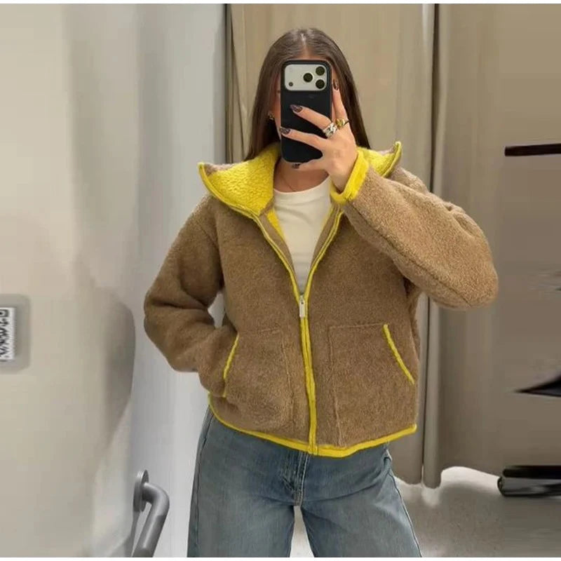 Women Casual Contrast Paneled Knitted Cardigan New Zipper Full Sleeve Pocket Bomber Short Coats Lady Autumn Winter Street Jacket