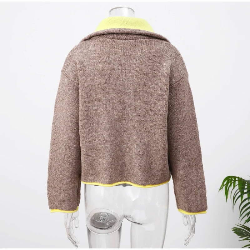 Women Casual Contrast Paneled Knitted Cardigan New Zipper Full Sleeve Pocket Bomber Short Coats Lady Autumn Winter Street Jacket