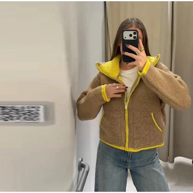 Women Casual Contrast Paneled Knitted Cardigan New Zipper Full Sleeve Pocket Bomber Short Coats Lady Autumn Winter Street Jacket