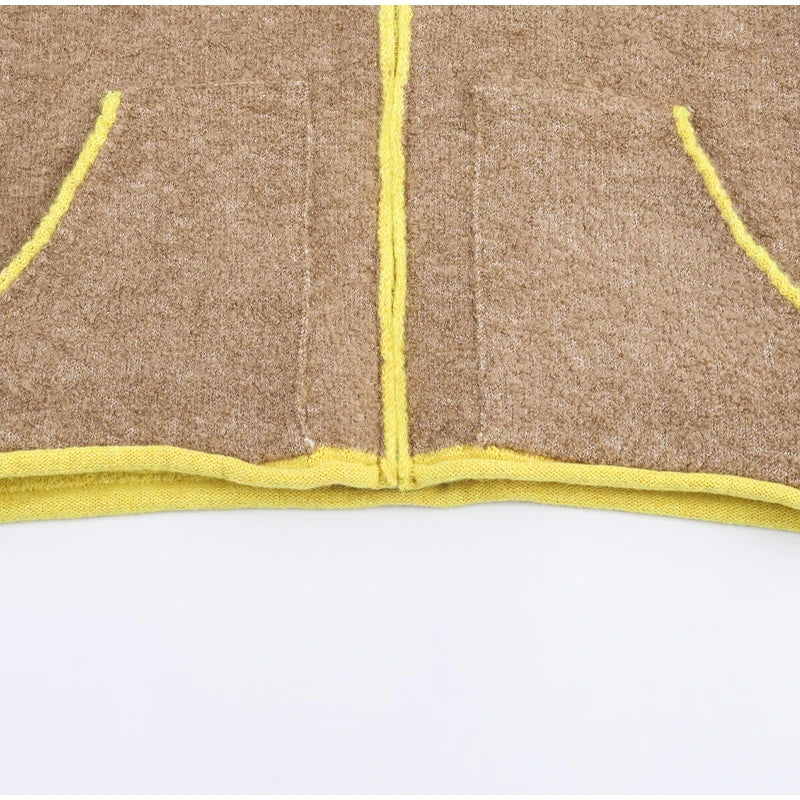 Women Casual Contrast Paneled Knitted Cardigan New Zipper Full Sleeve Pocket Bomber Short Coats Lady Autumn Winter Street Jacket