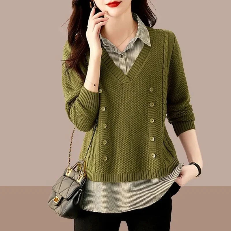 Fake Two Piece Top Knit Sweater Women's Splice Shirt Collar 2026 Spring Autumn New Korean Loose Long Sleeve Sweater Brown Shirt