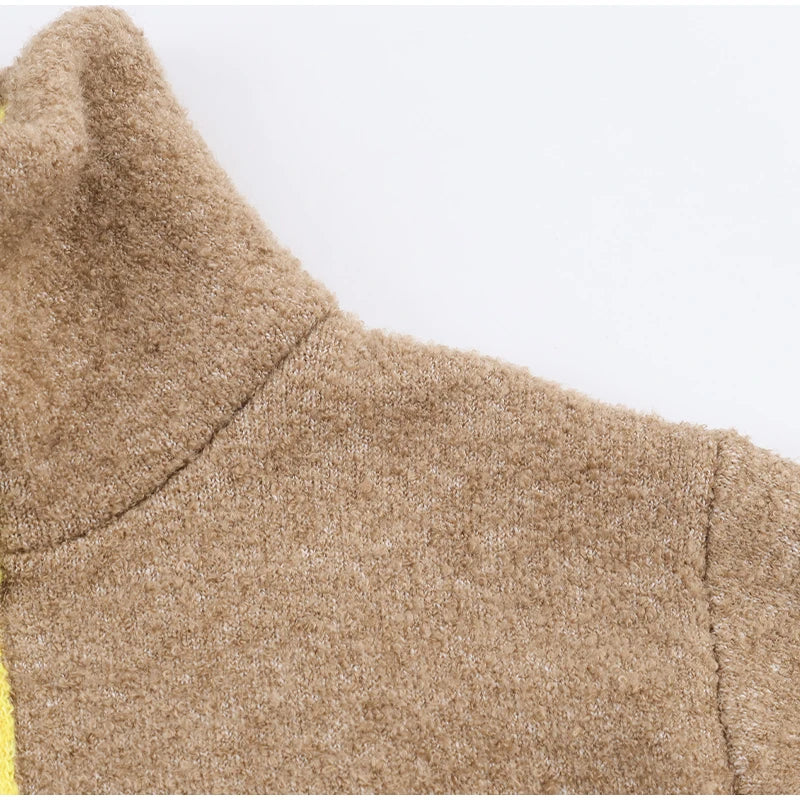 Women Casual Contrast Paneled Knitted Cardigan New Zipper Full Sleeve Pocket Bomber Short Coats Lady Autumn Winter Street Jacket