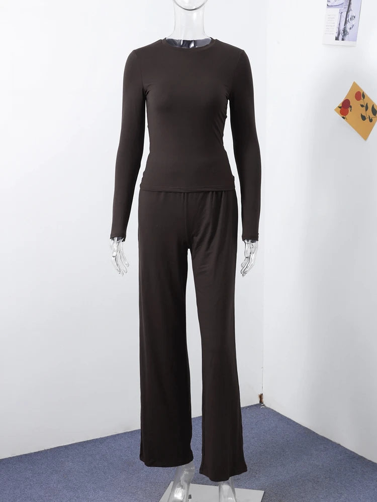 Women Top Pants Suit 2 Piece Sets Solid O-neck Long Sleeve Shirts Elastic Waist Trousers Female Outfits 2025 New Lady Tracksuit