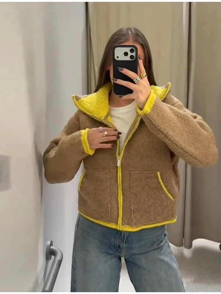 Women Casual Contrast Paneled Knitted Cardigan New Zipper Full Sleeve Pocket Bomber Short Coats Lady Autumn Winter Street Jacket