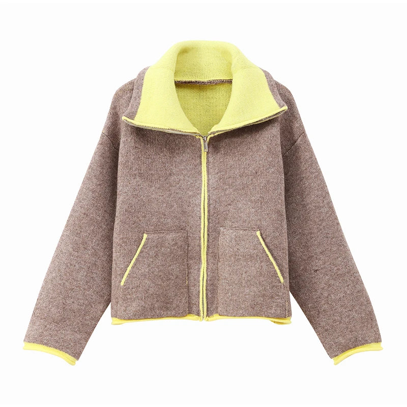 Women Casual Contrast Paneled Knitted Cardigan New Zipper Full Sleeve Pocket Bomber Short Coats Lady Autumn Winter Street Jacket