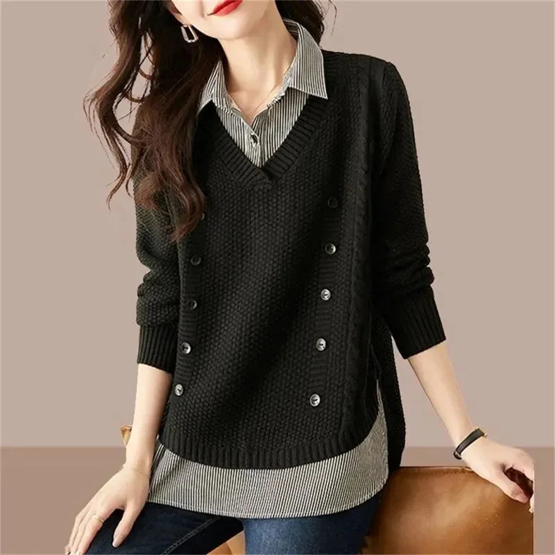 Fake Two Piece Top Knit Sweater Women's Splice Shirt Collar 2026 Spring Autumn New Korean Loose Long Sleeve Sweater Brown Shirt