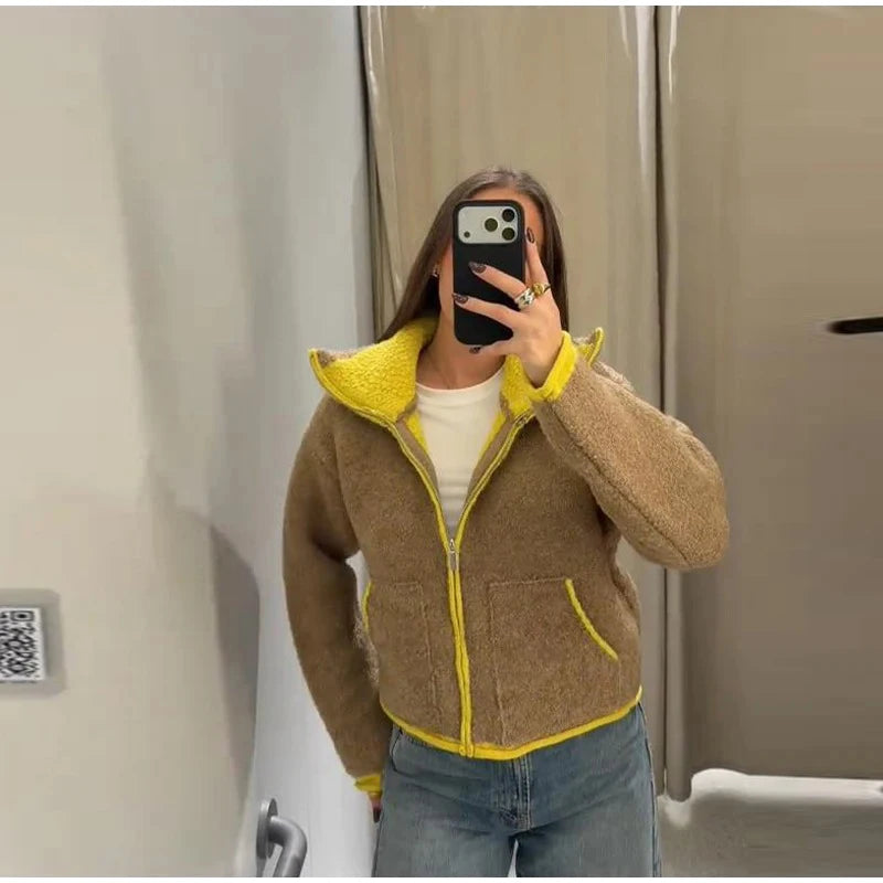 Women Casual Contrast Paneled Knitted Cardigan New Zipper Full Sleeve Pocket Bomber Short Coats Lady Autumn Winter Street Jacket