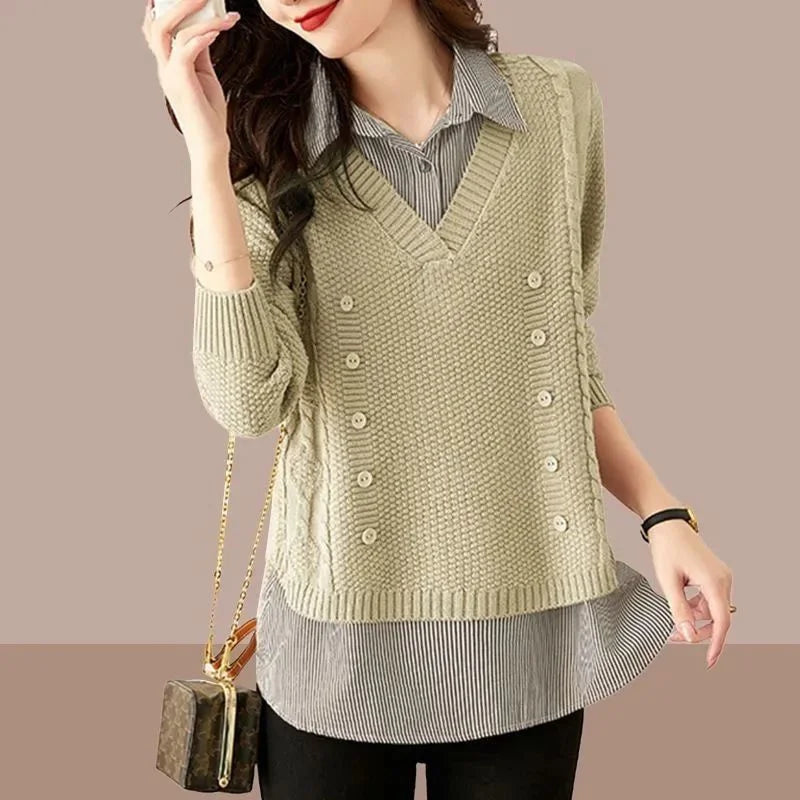 Fake Two Piece Top Knit Sweater Women's Splice Shirt Collar 2026 Spring Autumn New Korean Loose Long Sleeve Sweater Brown Shirt