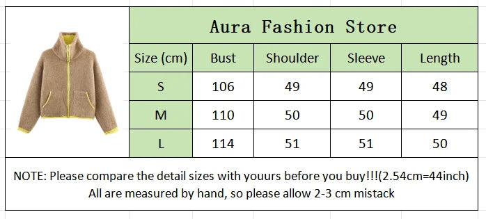 Women Casual Contrast Paneled Knitted Cardigan New Zipper Full Sleeve Pocket Bomber Short Coats Lady Autumn Winter Street Jacket
