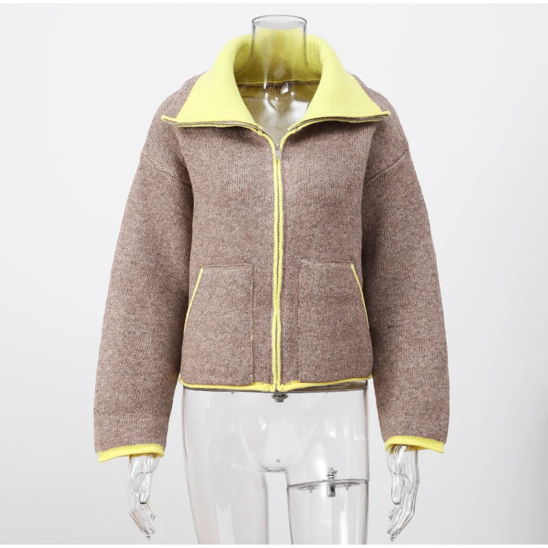 Women Casual Contrast Paneled Knitted Cardigan New Zipper Full Sleeve Pocket Bomber Short Coats Lady Autumn Winter Street Jacket