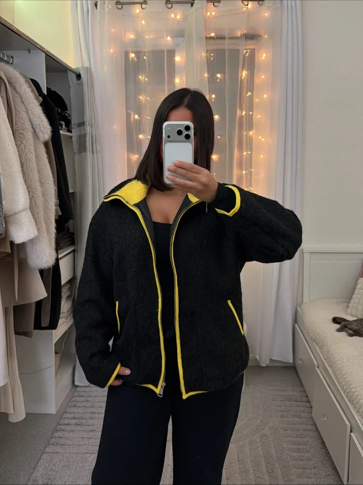 Women Casual Contrast Paneled Knitted Cardigan New Zipper Full Sleeve Pocket Bomber Short Coats Lady Autumn Winter Street Jacket