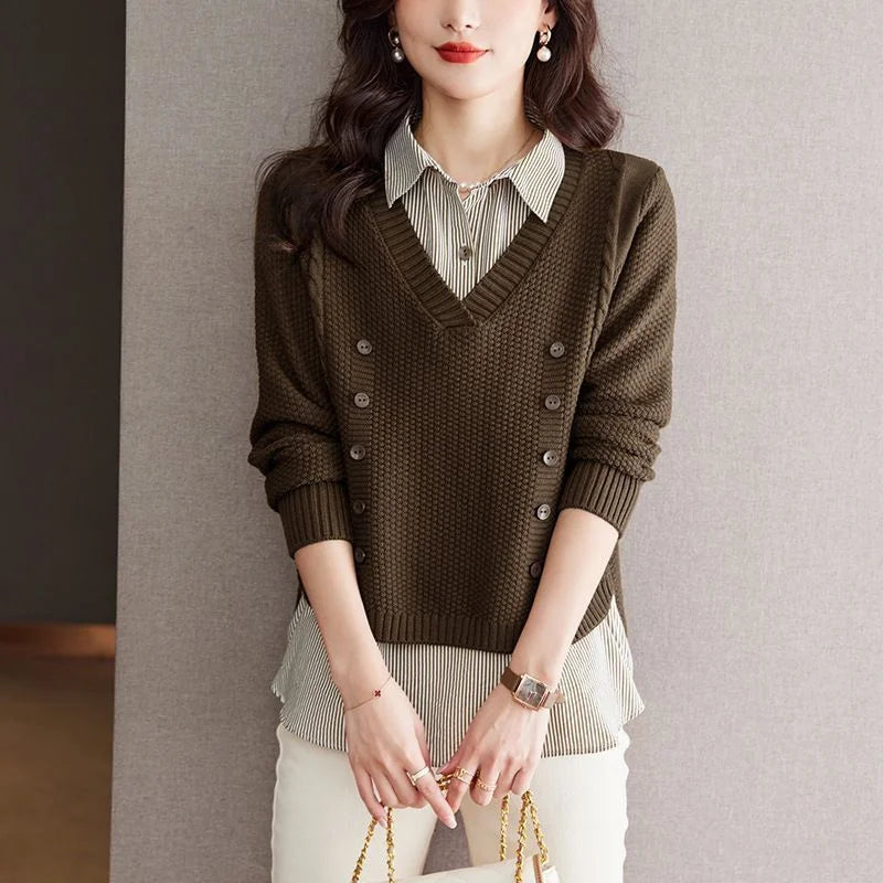 Fake Two Piece Top Knit Sweater Women's Splice Shirt Collar 2026 Spring Autumn New Korean Loose Long Sleeve Sweater Brown Shirt