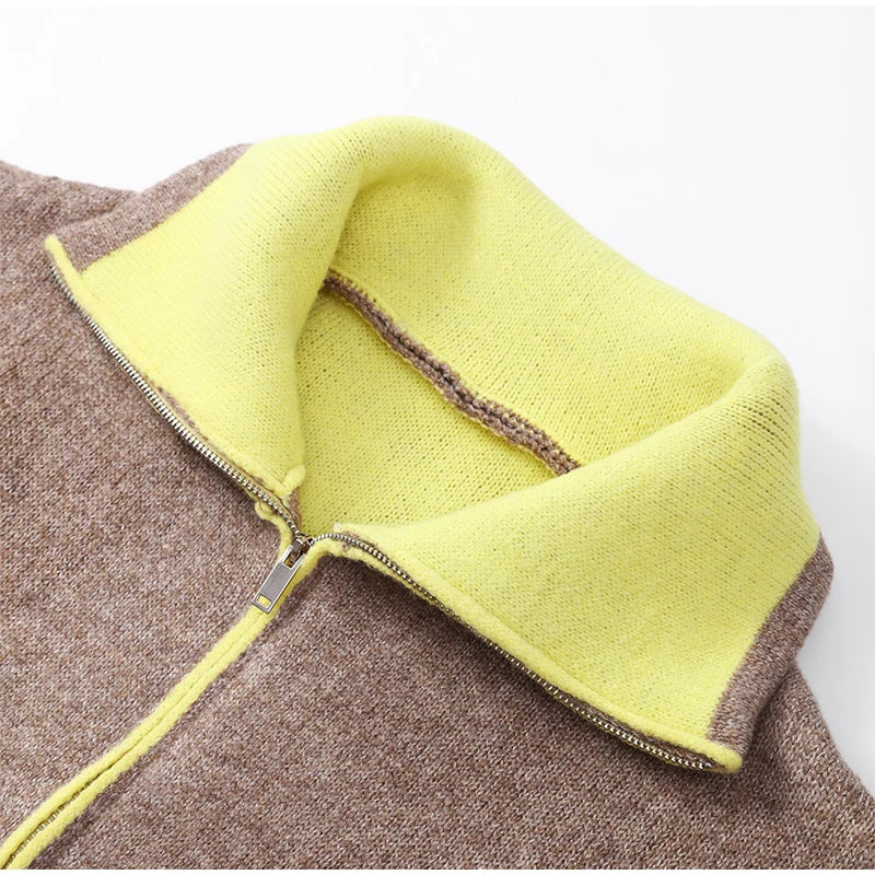 Women Casual Contrast Paneled Knitted Cardigan New Zipper Full Sleeve Pocket Bomber Short Coats Lady Autumn Winter Street Jacket
