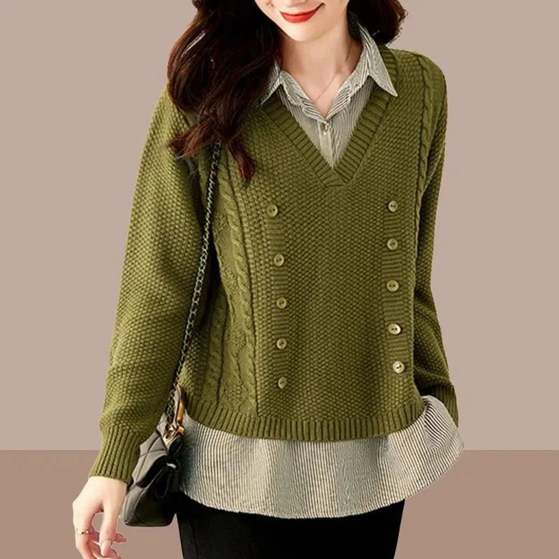 Fake Two Piece Top Knit Sweater Women's Splice Shirt Collar 2026 Spring Autumn New Korean Loose Long Sleeve Sweater Brown Shirt