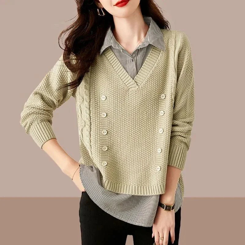 Fake Two Piece Top Knit Sweater Women's Splice Shirt Collar 2026 Spring Autumn New Korean Loose Long Sleeve Sweater Brown Shirt
