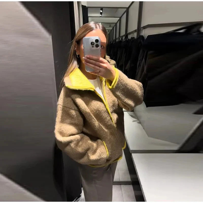 Women Casual Contrast Paneled Knitted Cardigan New Zipper Full Sleeve Pocket Bomber Short Coats Lady Autumn Winter Street Jacket