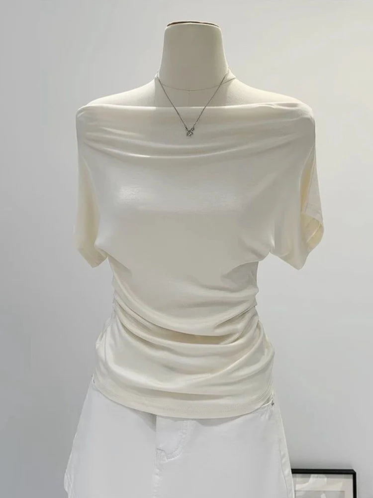Summer One Shoulder Black Women's T-shirt Short Sleeve Korean Style Slimming Top Exposed Shoulder Fashionable