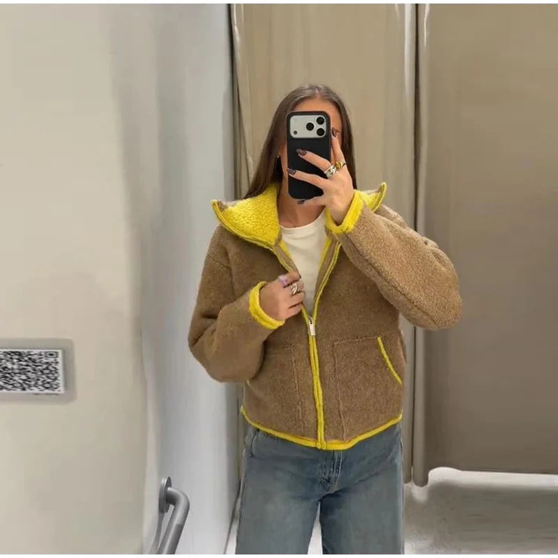 Women Casual Contrast Paneled Knitted Cardigan New Zipper Full Sleeve Pocket Bomber Short Coats Lady Autumn Winter Street Jacket