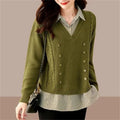 Fake Two Piece Top Knit Sweater Women's Splice Shirt Collar 2026 Spring Autumn New Korean Loose Long Sleeve Sweater Brown Shirt