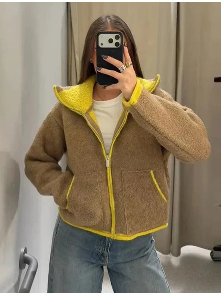 Women Casual Contrast Paneled Knitted Cardigan New Zipper Full Sleeve Pocket Bomber Short Coats Lady Autumn Winter Street Jacket