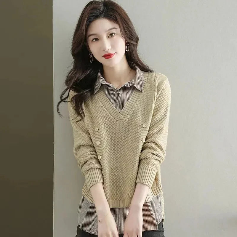 Fake Two Piece Top Knit Sweater Women's Splice Shirt Collar 2026 Spring Autumn New Korean Loose Long Sleeve Sweater Brown Shirt