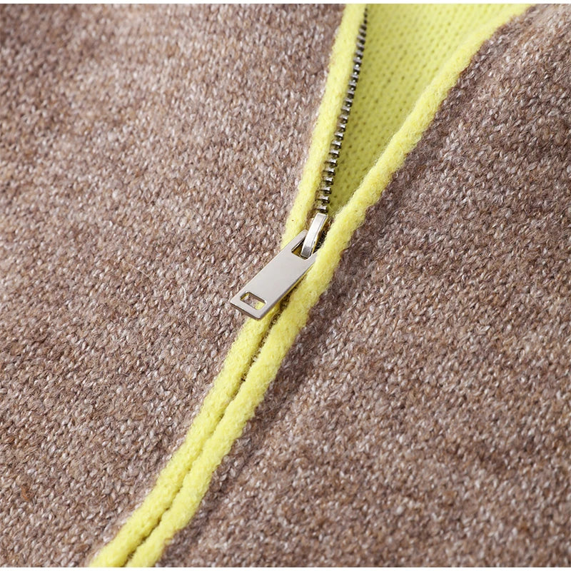 Women Casual Contrast Paneled Knitted Cardigan New Zipper Full Sleeve Pocket Bomber Short Coats Lady Autumn Winter Street Jacket