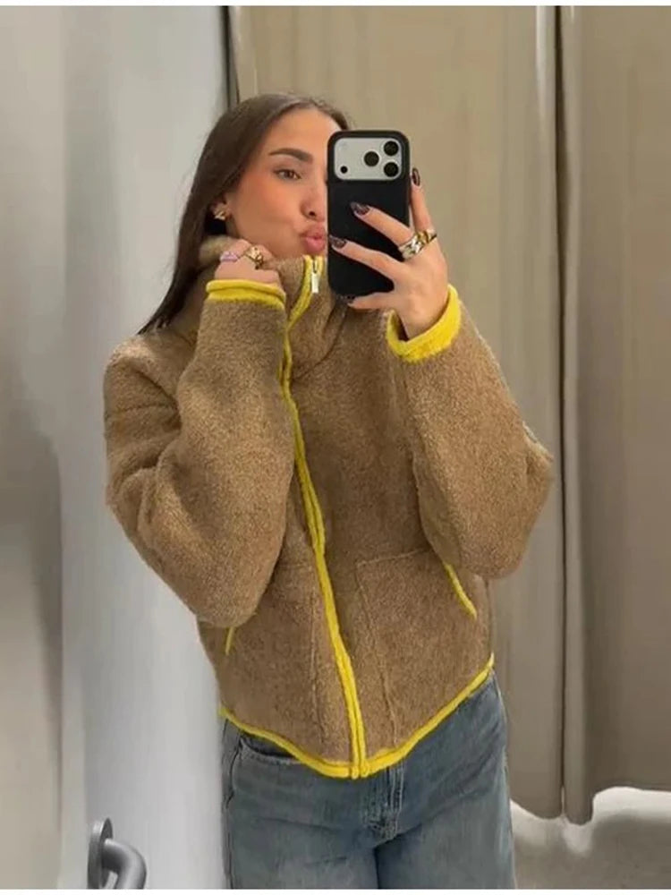 Women Casual Contrast Paneled Knitted Cardigan New Zipper Full Sleeve Pocket Bomber Short Coats Lady Autumn Winter Street Jacket