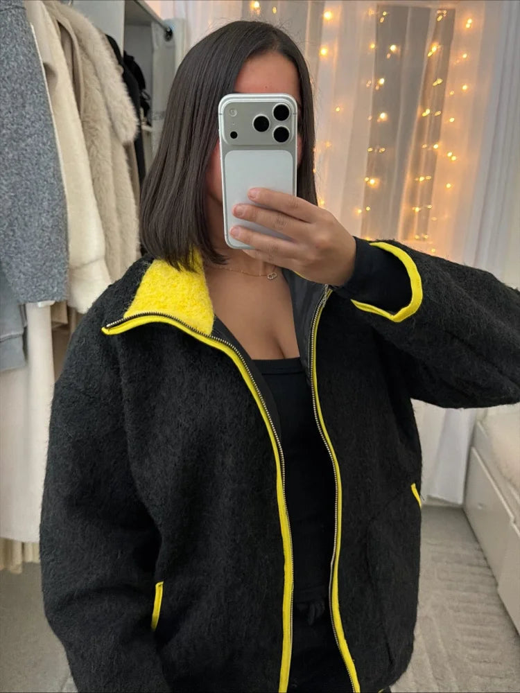 Women Casual Contrast Paneled Knitted Cardigan New Zipper Full Sleeve Pocket Bomber Short Coats Lady Autumn Winter Street Jacket