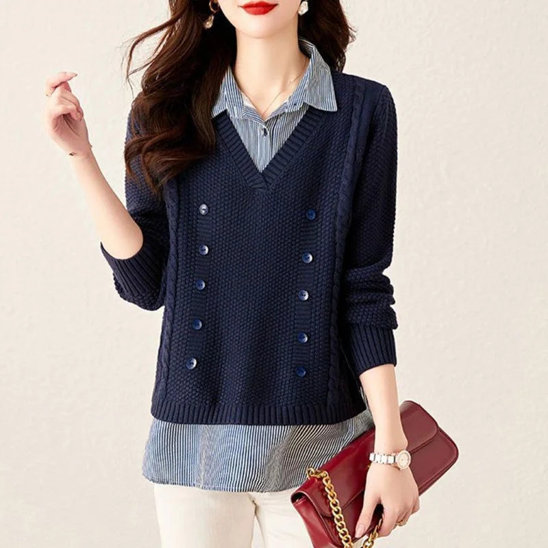 Fake Two Piece Top Knit Sweater Women's Splice Shirt Collar 2026 Spring Autumn New Korean Loose Long Sleeve Sweater Brown Shirt