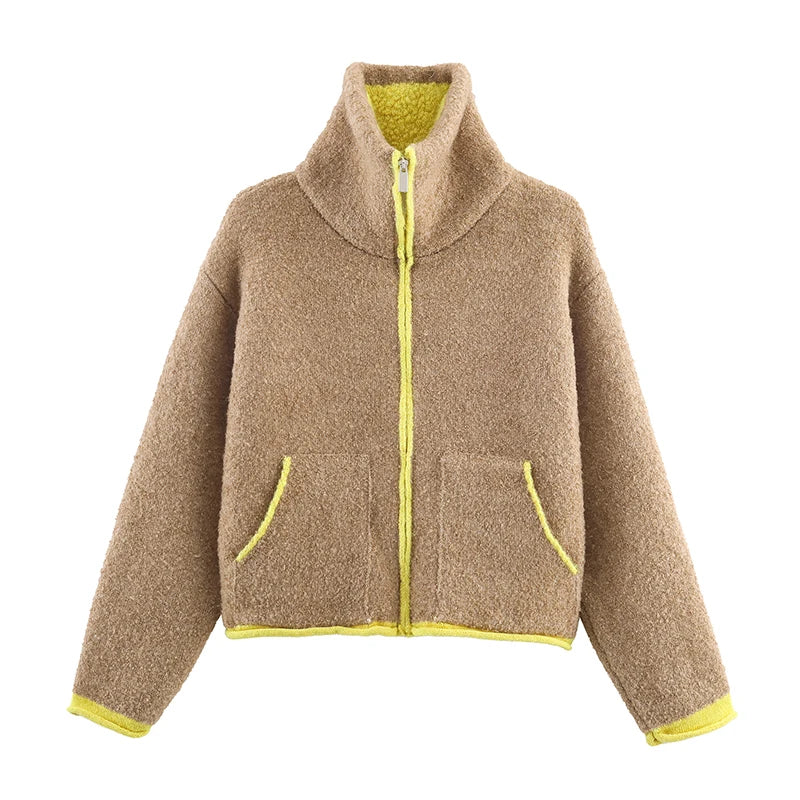 Women Casual Contrast Paneled Knitted Cardigan New Zipper Full Sleeve Pocket Bomber Short Coats Lady Autumn Winter Street Jacket
