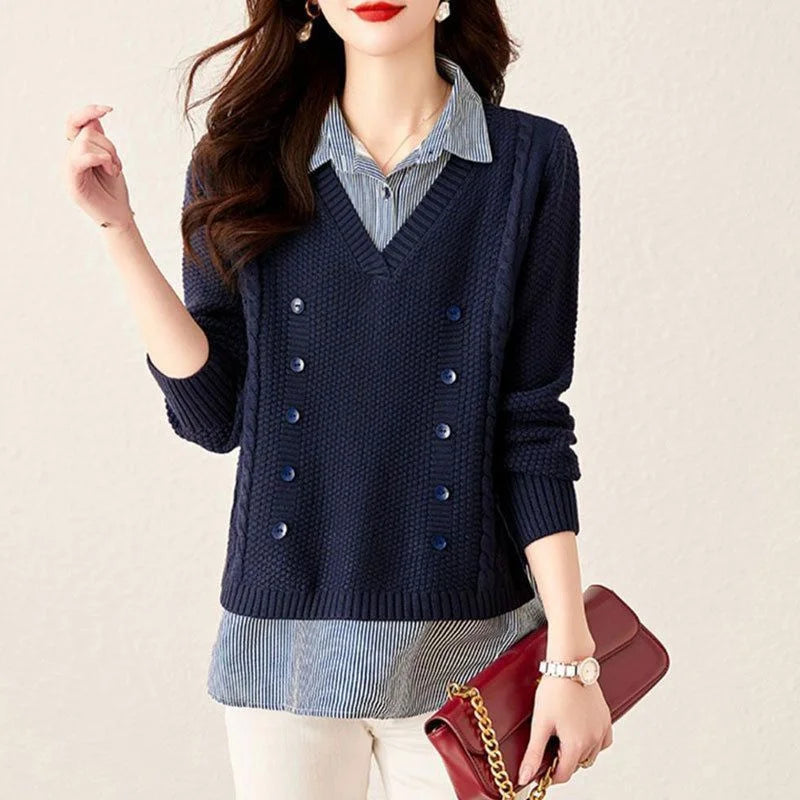 Fake Two Piece Top Knit Sweater Women's Splice Shirt Collar 2026 Spring Autumn New Korean Loose Long Sleeve Sweater Brown Shirt