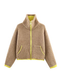 Women Casual Contrast Paneled Knitted Cardigan New Zipper Full Sleeve Pocket Bomber Short Coats Lady Autumn Winter Street Jacket