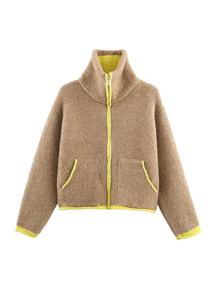 Women Casual Contrast Paneled Knitted Cardigan New Zipper Full Sleeve Pocket Bomber Short Coats Lady Autumn Winter Street Jacket