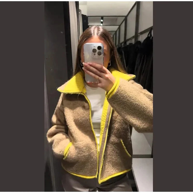 Women Casual Contrast Paneled Knitted Cardigan New Zipper Full Sleeve Pocket Bomber Short Coats Lady Autumn Winter Street Jacket