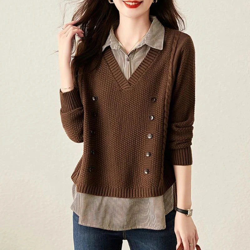 Fake Two Piece Top Knit Sweater Women's Splice Shirt Collar 2026 Spring Autumn New Korean Loose Long Sleeve Sweater Brown Shirt